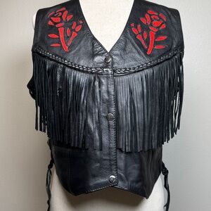VTG S&S Cycle Black Leather Biker Vest Women L TX Rose Fringe‎ Yoke Concho Moto